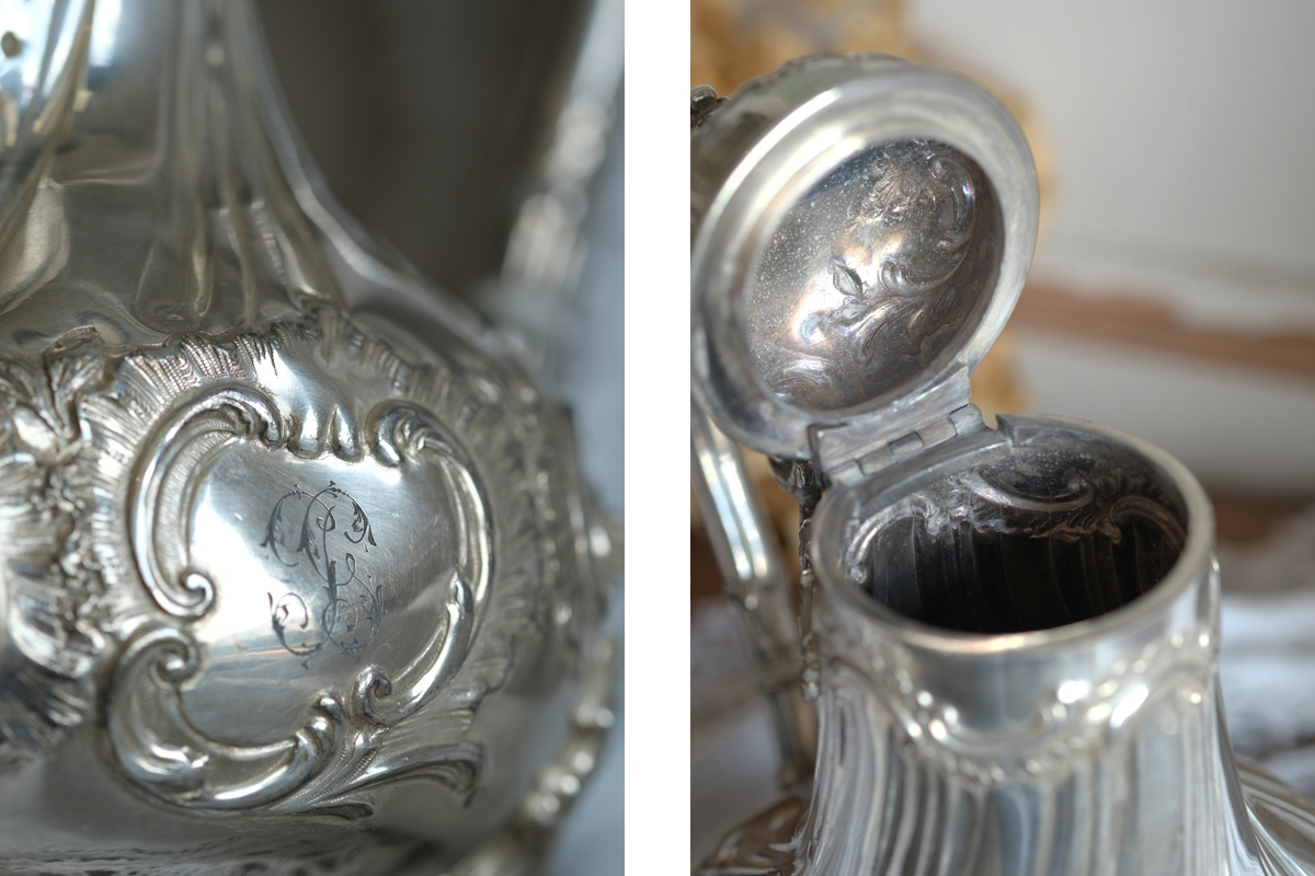 F108 フランス アンティークロカイユ装飾のティーポット シルバープレート